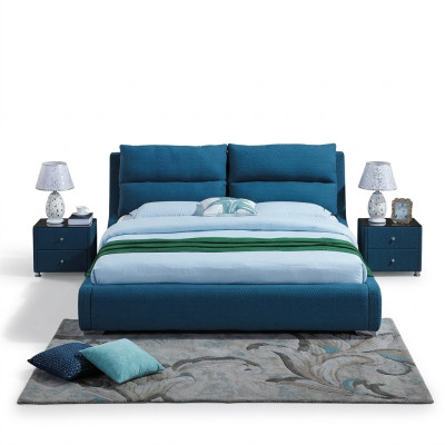 Diseño de cama de cuero para dormitorio de 3 piezas. Conjunto de 2 mesitas de noche. Muebles de cama de lujo.