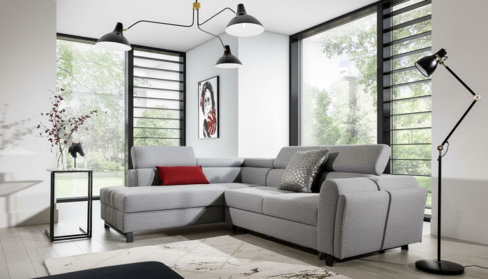 Conjunto de sofá en forma de L con sillón moderno y tapizado textil.