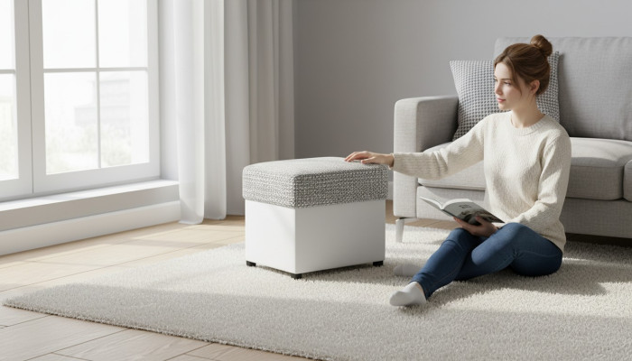 Taburete Taburete tapizado Reposapiés Muebles Hogar Bancos Asientos Textil Gris
