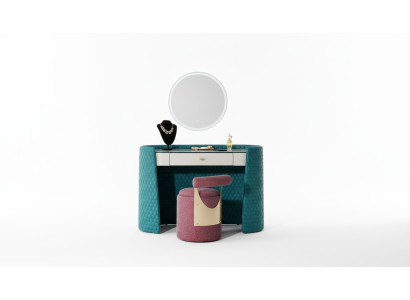 Mesa de maquillaje turquesa de madera de cuero. Tablas de consola de dormitorio. Diseño de lujo para maquillaje.