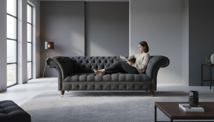 Chesterfield 3 asientos tela Gris oscuro Diseño moderno Sofá Sofá Muebles Diseñador
