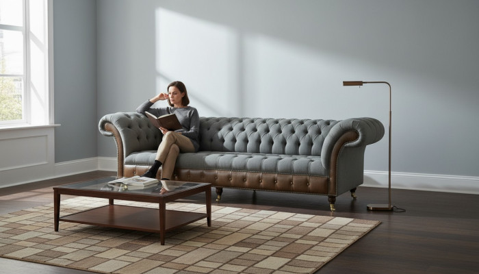 Chesterfield 4 plazas Gris tela Sala de estar Diseño Sofá tapizado Grande Textil Mueble