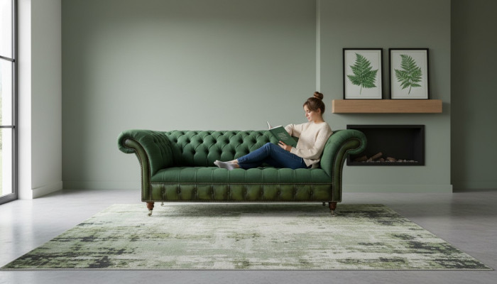 Chesterfield sofá de 3 plazas verde oscuro diseño de sala de estar sofá tapizado en tela.