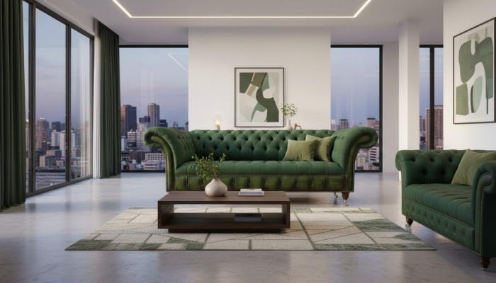 Chesterfield sofá de 3 plazas verde oscuro diseño de sala de estar sofá tapizado en tela.