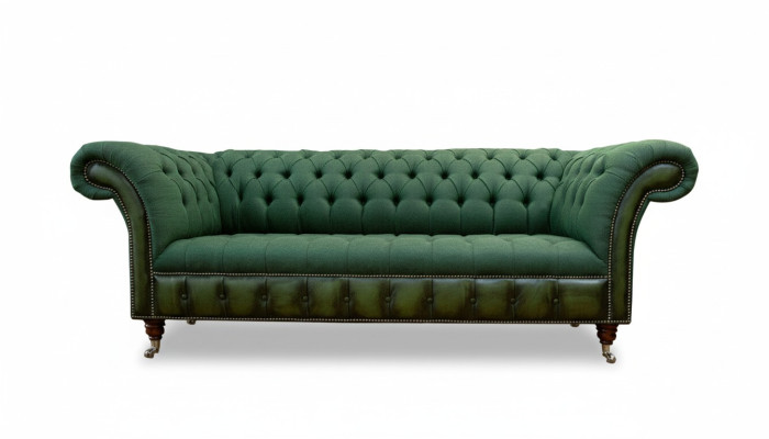 Chesterfield sofá de 3 plazas verde oscuro diseño de sala de estar sofá tapizado en tela.