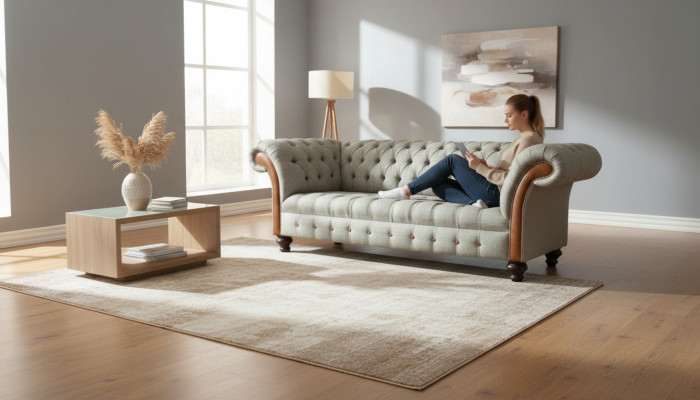 Chesterfield de 3 plazas Beige Sala de estar Diseño Sofá Tapizados Sofás Textiles
