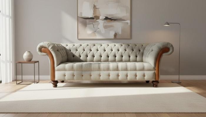 Chesterfield de 3 plazas Beige Sala de estar Diseño Sofá Tapizados Sofás Textiles