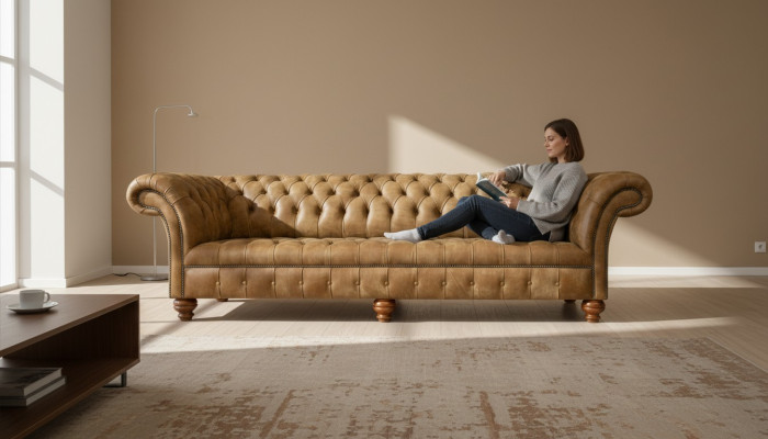 Chesterfield de 4 plazas en cuero marrón claro diseño moderno sofá muebles creativos