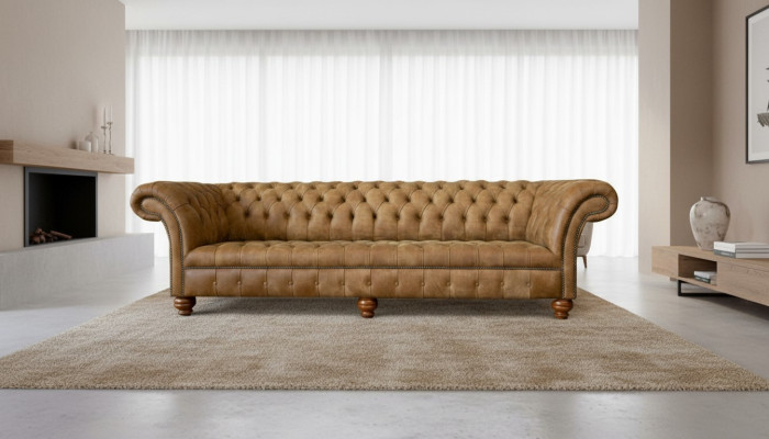 Chesterfield de 4 plazas en cuero marrón claro diseño moderno sofá muebles creativos