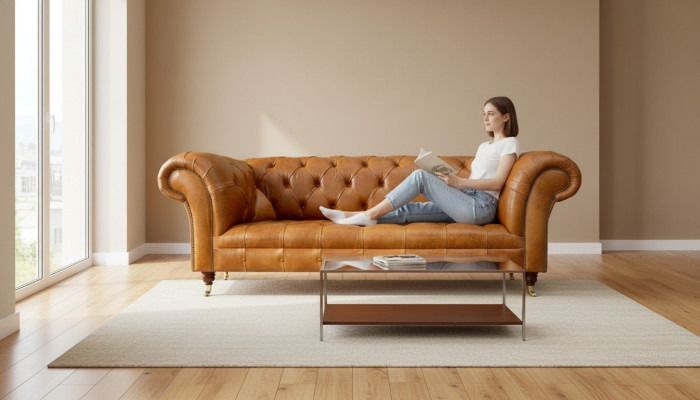 Chesterfield sofá de 3 plazas en cuero marrón nogal de diseño moderno.