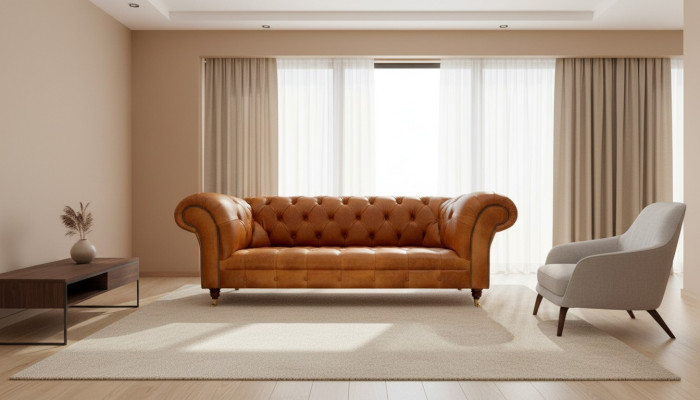 Chesterfield sofá de 3 plazas en cuero marrón nogal de diseño moderno.