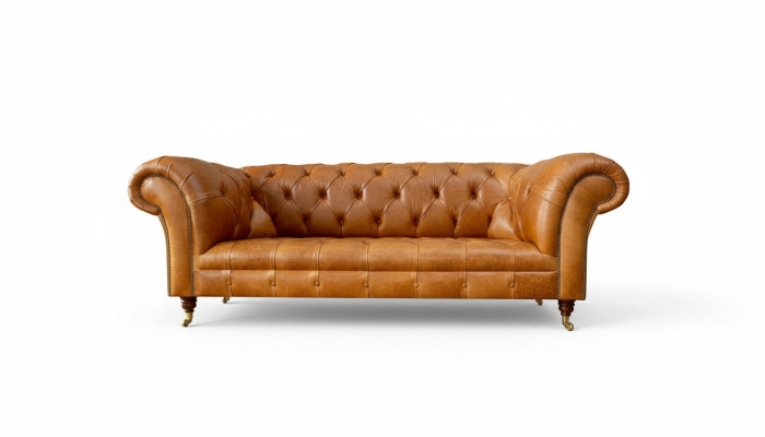 Chesterfield sofá de 3 plazas en cuero marrón nogal de diseño moderno.