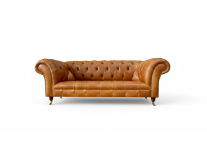 Chesterfield sofá de 3 plazas en cuero marrón nogal de diseño moderno.
