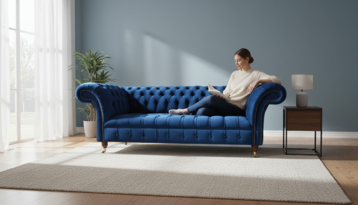 Chesterfield de 3 plazas azul diseño sofás tapizados de terciopelo tela textil de lujo.