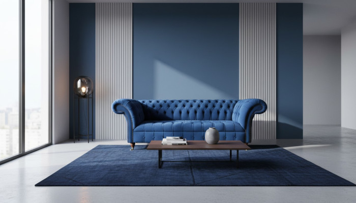 Chesterfield de 3 plazas azul diseño sofás tapizados de terciopelo tela textil de lujo.
