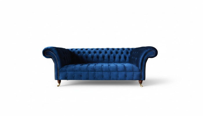 Chesterfield de 3 plazas azul diseño sofás tapizados de terciopelo tela textil de lujo.
