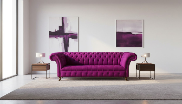 Chesterfield sofá de diseño de tela lila para 3 personas, nuevo. Sofá creativo.