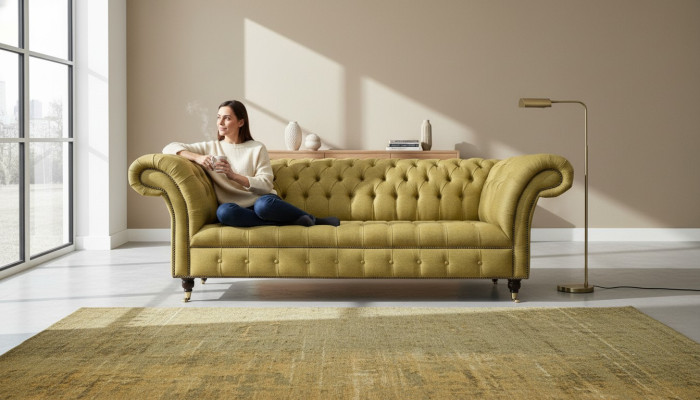 Chesterfield de 3 plazas Amarillo Sala de estar Diseño de sofás Sofás Tapizados Sofá Textil