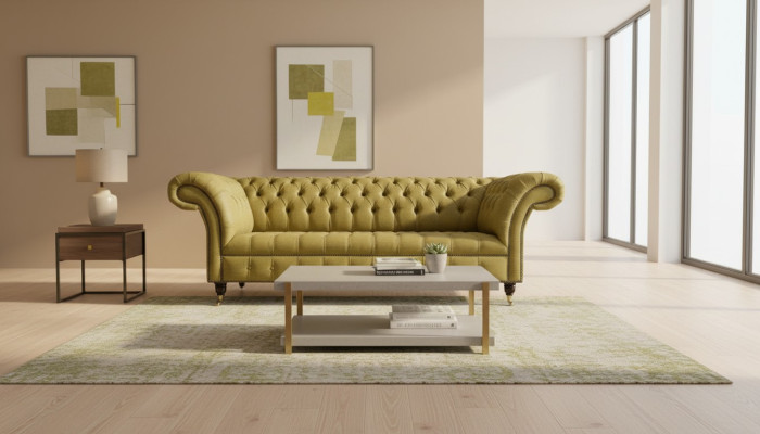 Chesterfield de 3 plazas Amarillo Sala de estar Diseño de sofás Sofás Tapizados Sofá Textil