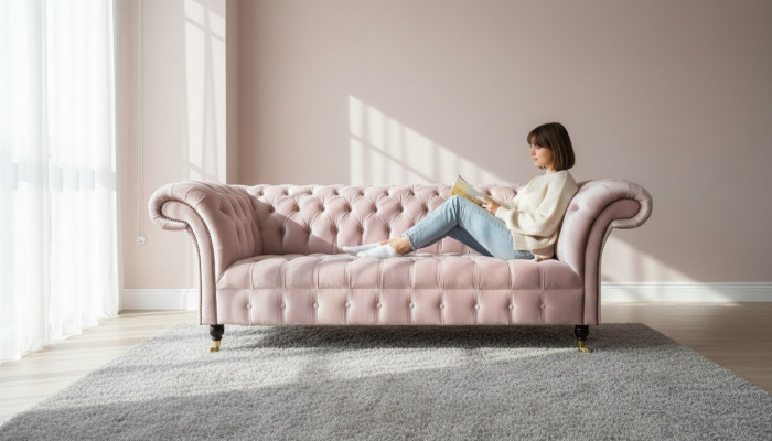 Chesterfield de 3 plazas en rosa claro Muebles creativos Nuevos Sala de estar Diseño moderno Sofá