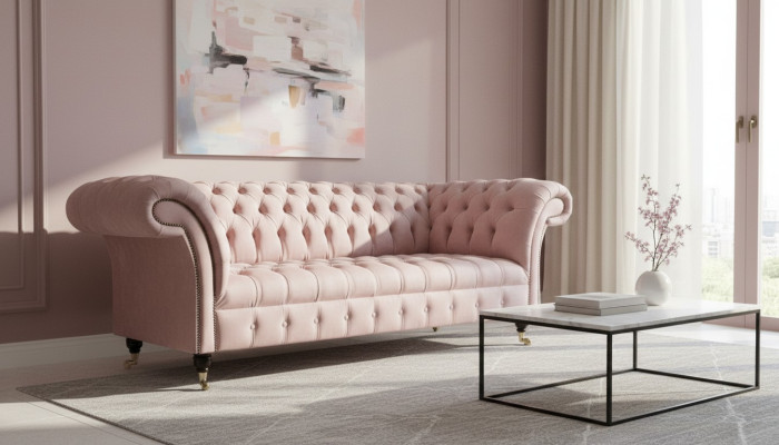 Chesterfield de 3 plazas en rosa claro Muebles creativos Nuevos Sala de estar Diseño moderno Sofá