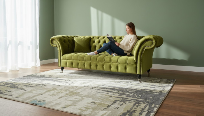 Chesterfield Sofá de tres plazas verde de diseño para la sala de estar. Nuevo en textil.