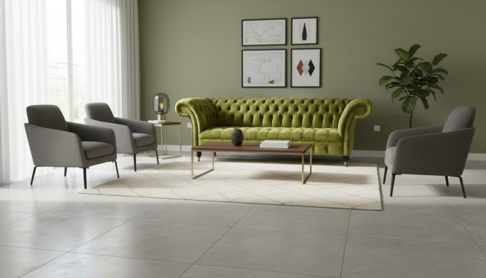 Chesterfield Sofá de tres plazas verde de diseño para la sala de estar. Nuevo en textil.