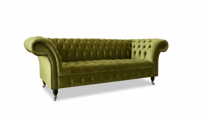Chesterfield Sofá de tres plazas verde de diseño para la sala de estar. Nuevo en textil.