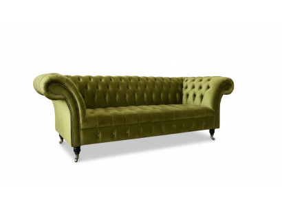 Chesterfield Sofá de tres plazas verde de diseño para la sala de estar. Nuevo en textil.