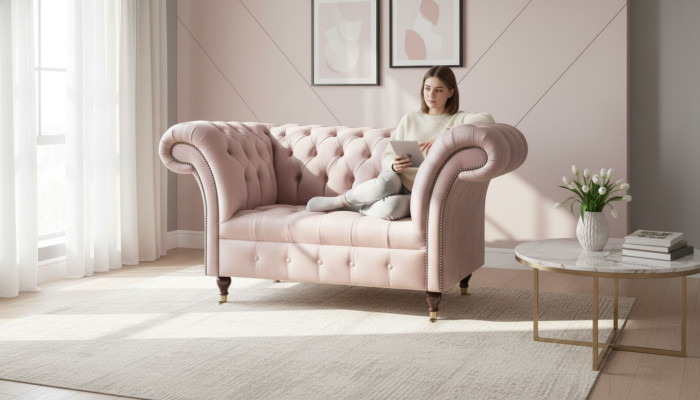 Sillón Chesterfield rosa de tela para sala de estar, diseño moderno, muebles creativos nuevos.