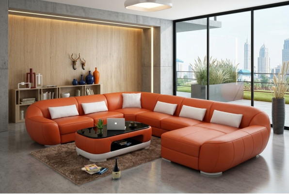 Moderno sofá de esquina de cuero, paisaje de sala, asiento acolchado, conjunto de sofá nuevo FEo.