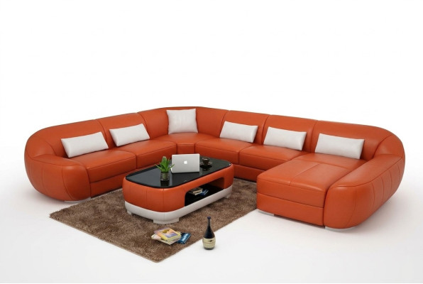 Moderno sofá de esquina de cuero, paisaje de sala, asiento acolchado, conjunto de sofá nuevo FEo.