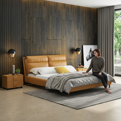 Diseño de cama de cuero de lujo, camas tapizadas dobles de dormitorio 180x200 muebles naranjas.