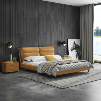 Diseño de cama de cuero de lujo, camas tapizadas dobles de dormitorio 180x200 muebles naranjas.
