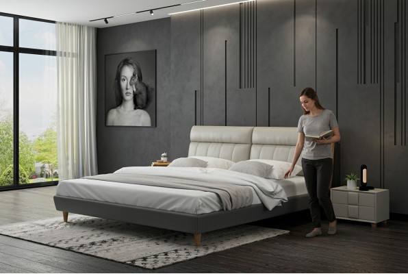 Cama tapizada diseño de lujo, cama doble beige 180x200 dormitorio.