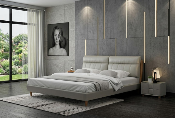 Cama tapizada diseño de lujo, cama doble beige 180x200 dormitorio.