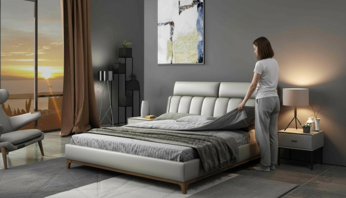 Cama de diseño moderno 180x200 cuero madera camas dobles habitación dormitorio.