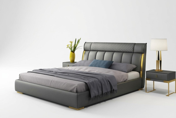 Moderno dormitorio de cuero gris con incrustaciones de acero inoxidable dorado.