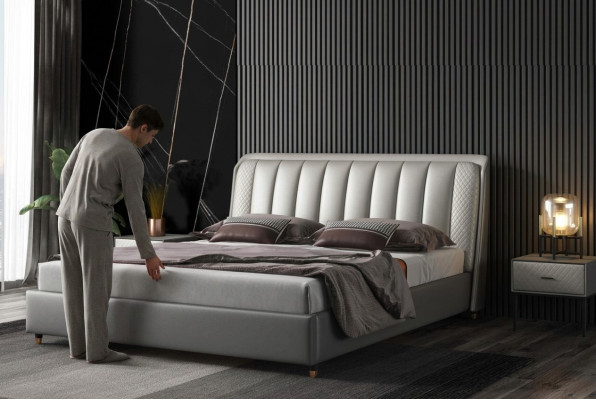 Cama de diseñador Dormitorio Cama textil Cuero Hotel de lujo Acolchado XXL Grande Madera
