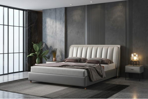 Cama de diseñador Dormitorio Cama textil Cuero Hotel de lujo Acolchado XXL Grande Madera
