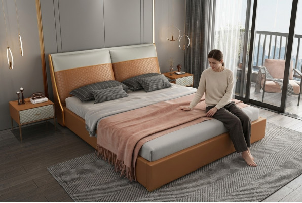 Cama de diseño para dormitorio, camas textiles de cuero de lujo para hoteles en terciopelo.