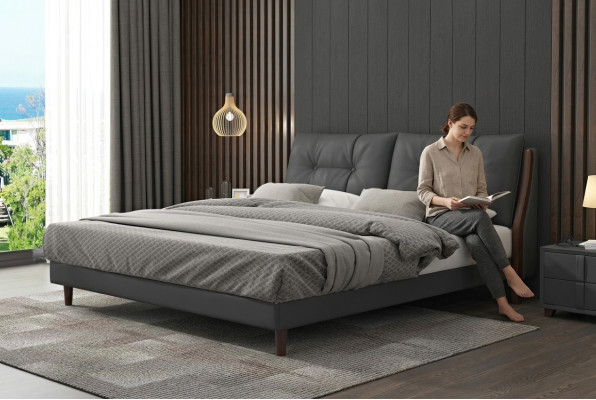 Cama de hotel de lujo, camas de diseño, tapizadas en madera, cuero, dormitorio de 180x200.