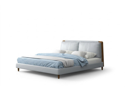 Cama doble moderna de 180x200 en diseño de cuero blanco con patas de madera.