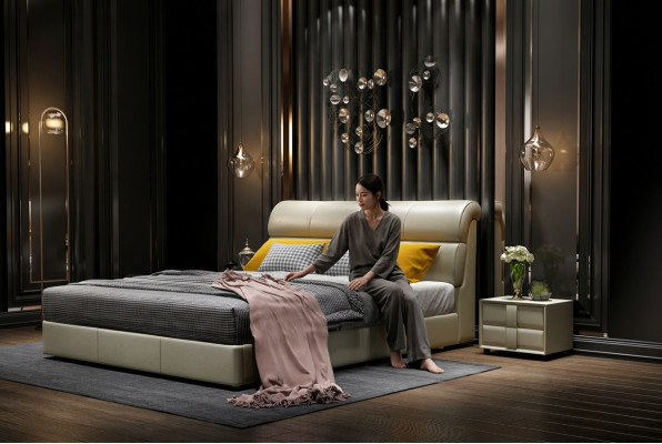 Cama de lujo dormitorio cuero acolchado doble camas diseño de madera 180x200cm Nuevo