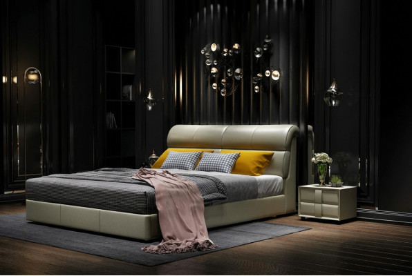 Cama de lujo dormitorio cuero acolchado doble camas diseño de madera 180x200cm Nuevo