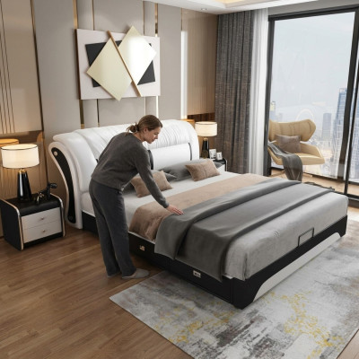 Cama tapizado diseño lujo doble hotel matrimonial dormitorio cuero 180x200cm camas