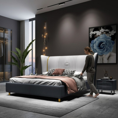 Diseñador cama doble Hotel de lujo Dormitorio 150/180x200cm Cuero