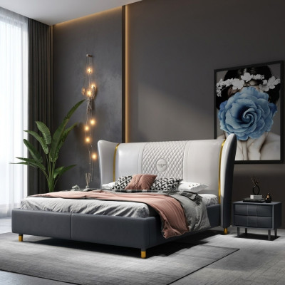 Diseñador cama doble Hotel de lujo Dormitorio 150/180x200cm Cuero
