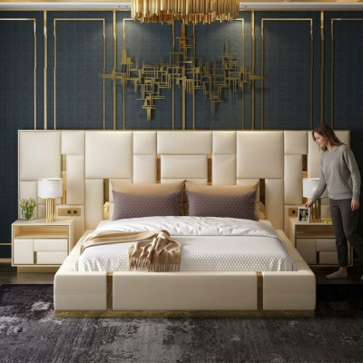 Diseño de lujo de cama acolchada de madera doble para hotel matrimonial.