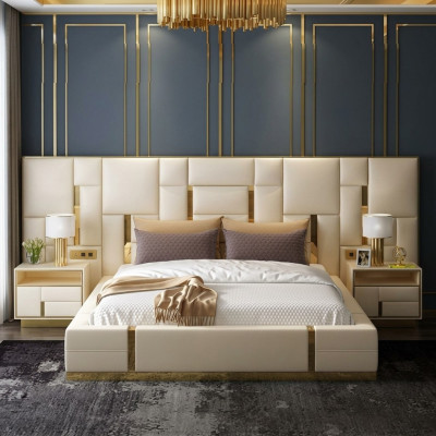 Diseño de lujo de cama acolchada de madera doble para hotel matrimonial.